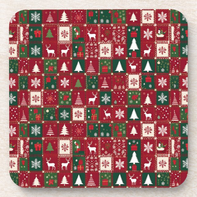 Christmas Red Grid Festive Holiday Design 🎄❤️✨ Coaster (Front)