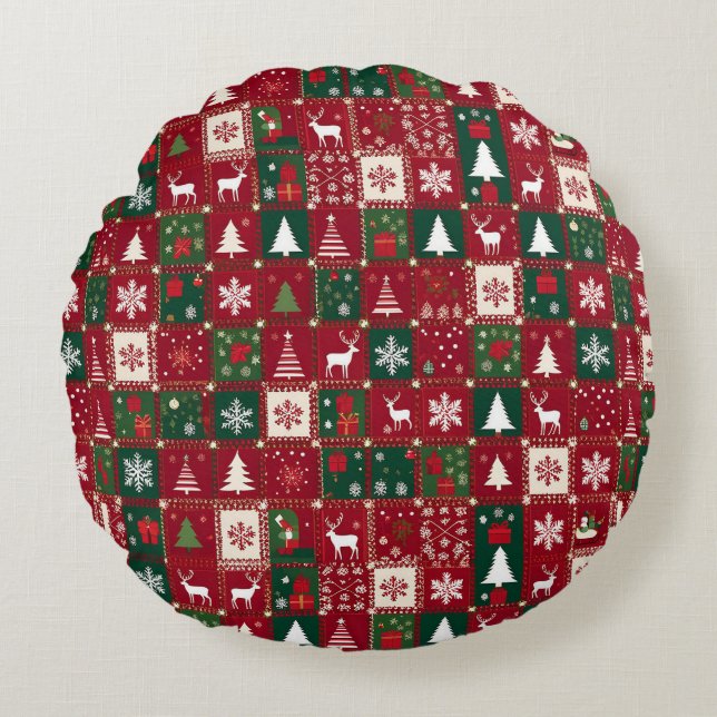 Christmas Red Grid Festive Holiday Pattern 🎄❤️✨ Round Cushion (Front)