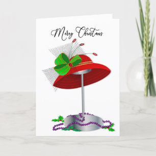 Christmas Red Hat Ladies Hat on Stand Purple Beads Holiday Card