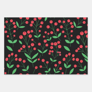 Christmas Red Holly Berries with Leaves on Black Wrapping Paper Sheet