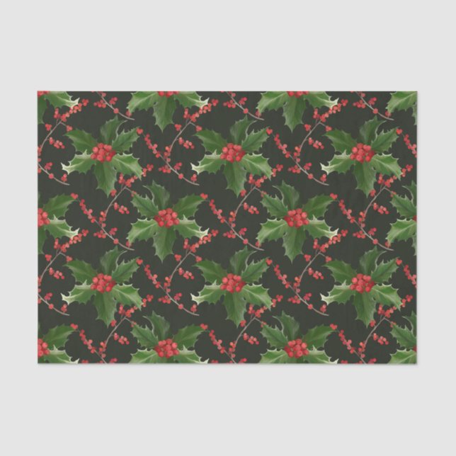 Christmas Red Holly Berry and Green Leaves  Tissue Paper (Front)