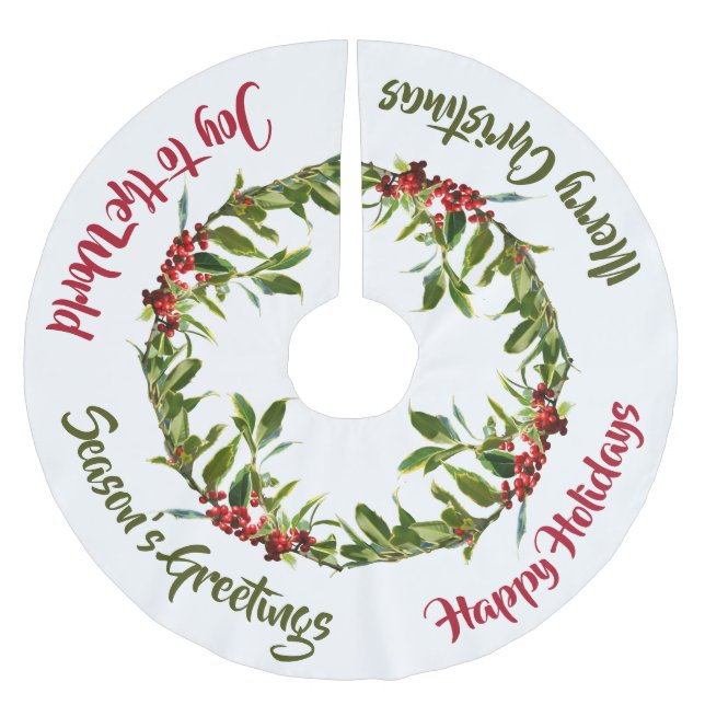 Christmas Red Holly Berry Boughs Custom Message Brushed Polyester Tree Skirt (Front)