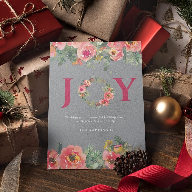 Christmas Red Joy Floral Wreath Botanical  Holiday Card (Creator Uploaded)