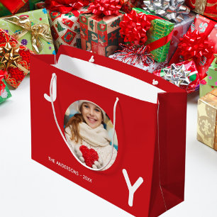 Christmas red joy photo simple elegant large gift bag