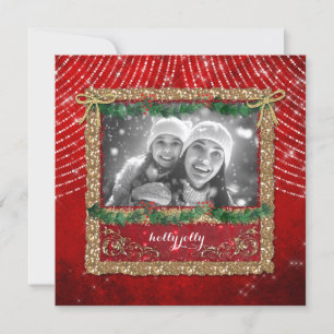 Christmas Red Lights Gold Glitter Photo Card