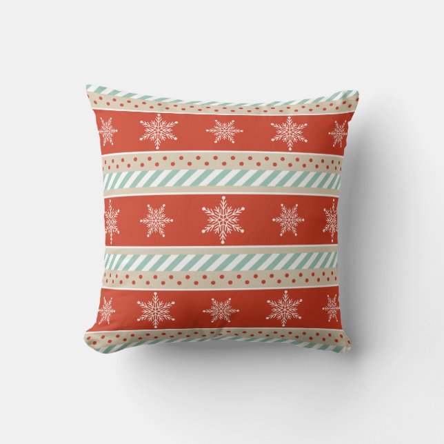Christmas Red Mint Stripes Snowflakes Pattern Cushion (Front)
