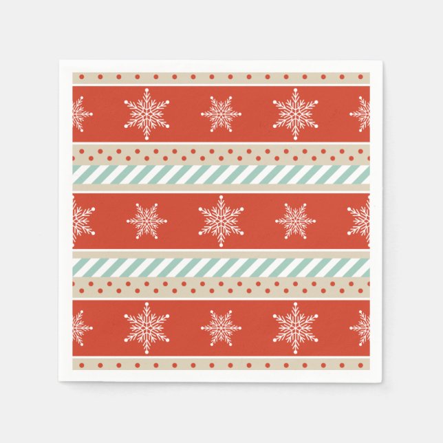 Christmas Red Mint Stripes Snowflakes  Pattern Napkin (Front)
