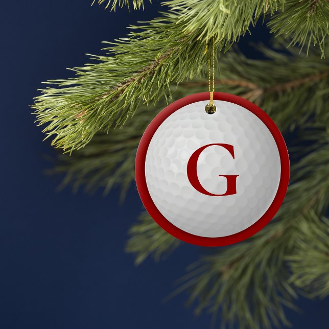 Christmas Red Monogram Golf Ball Ceramic Ornament (Creator Uploaded)