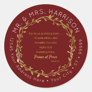 Christmas Red n Gold Christian Scripture Address Classic Round Sticker