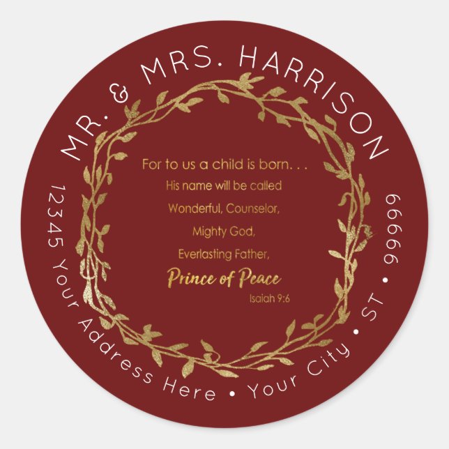 Christmas Red n Gold Christian Scripture Address Classic Round Sticker (Front)