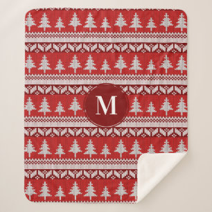 Christmas Red Nordic Fir Trees & White   Monogram Sherpa Blanket