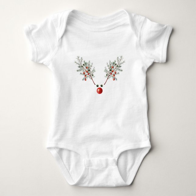 Christmas Red Nosed Reindeer Pine Berries  Baby Bodysuit (Front)