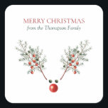 Christmas Red Nosed Reindeer Pine Berries   Square Sticker<br><div class="desc">A cute Christmas red nosed reindeer with pine branches for antlers and berries for eyes and nose. Perfect for the holiday season.</div>