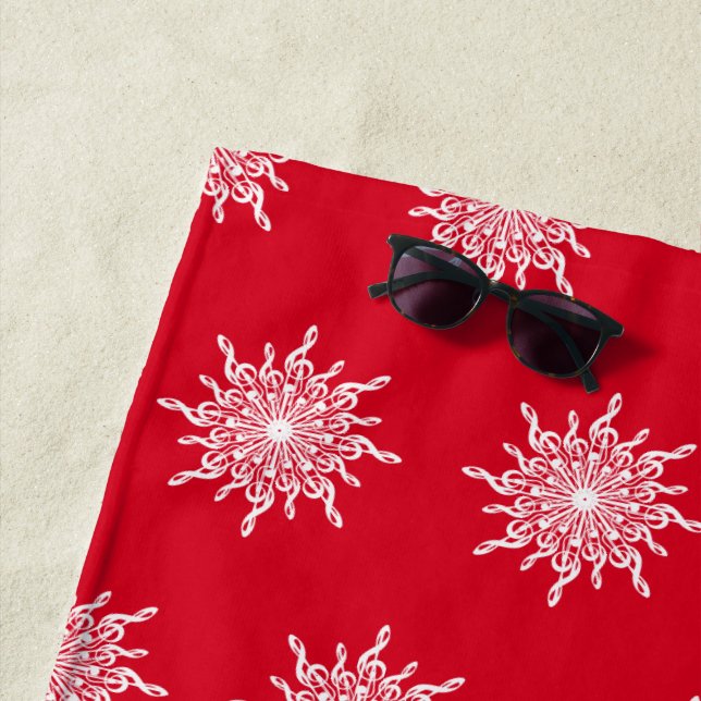 Christmas Red Ornamental G-Clef Snowflake Pattern Beach Towel (In Situ)