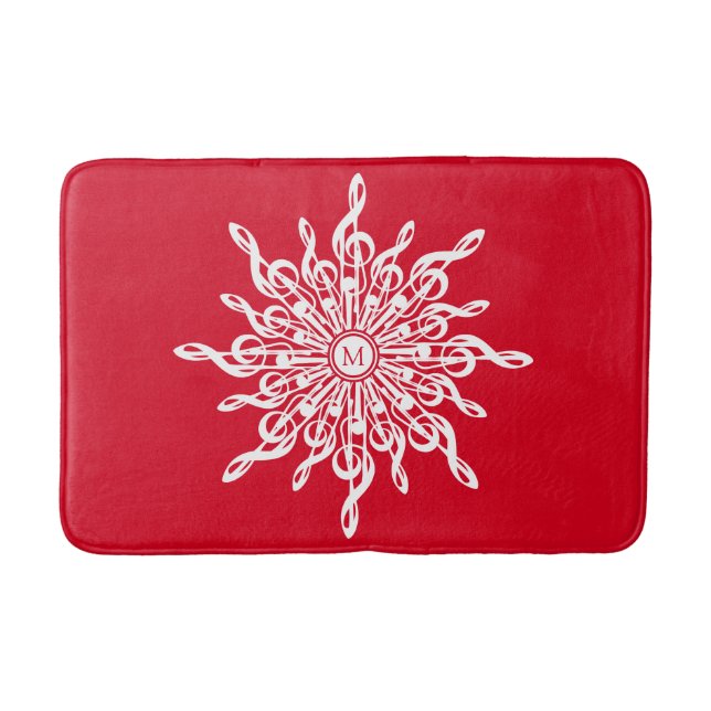 Christmas Red Ornamental Monogram G-Clef Snowflake Bath Mat (Front)