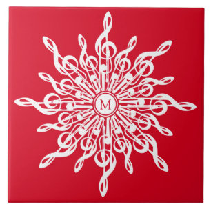 Christmas Red Ornamental Monogram G-Clef Snowflake Ceramic Tile
