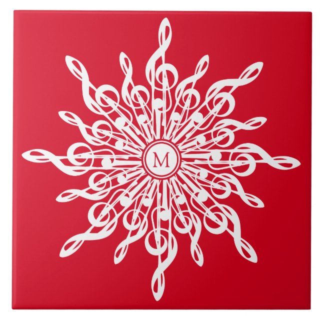 Christmas Red Ornamental Monogram G-Clef Snowflake Ceramic Tile (Front)