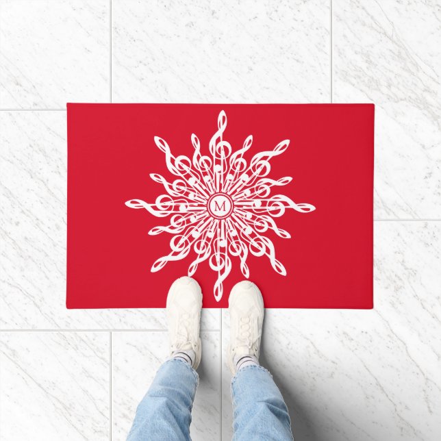 Christmas Red Ornamental Monogram G-Clef Snowflake Doormat (Indoor)