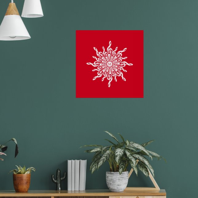 Christmas Red Ornamental Monogram G-Clef Snowflake Poster (Living Room 1)