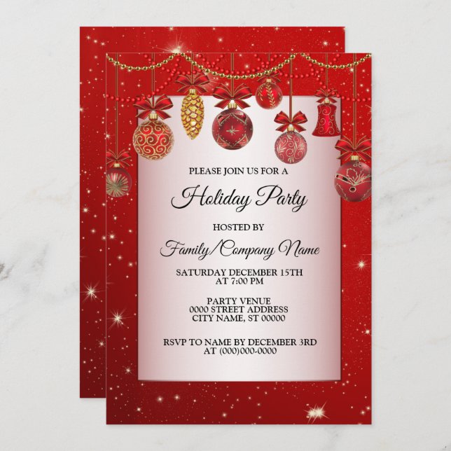 Christmas Red Ornaments Holidays Sparkle Elegant Invitation (Front/Back)