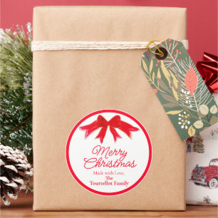 Christmas Red Painted Bow Homemade Made With Love Classic Round Sticker