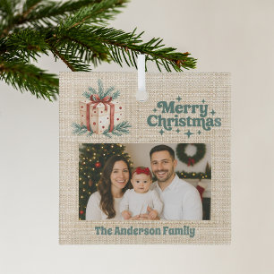 Christmas red photo beige burlap gift box glass tree decoration