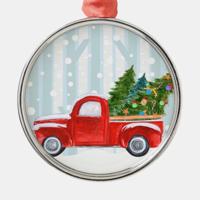Christmas Red PickUp Truck on a Snowy Road Metal Ornament (Front)