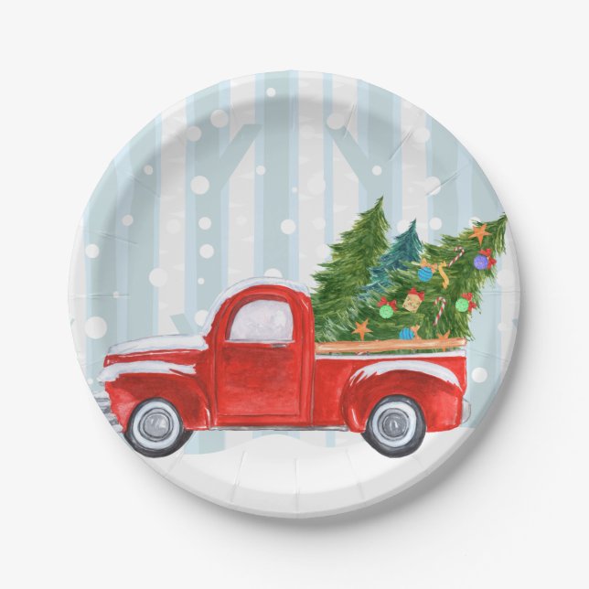 Christmas Red PickUp Truck on a Snowy Road Paper Plate (Front)