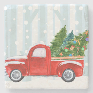 Christmas Red PickUp Truck on a Snowy Road Stone Coaster
