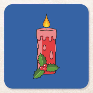 Christmas Red Pillar Candle with Holly Square Paper Coaster