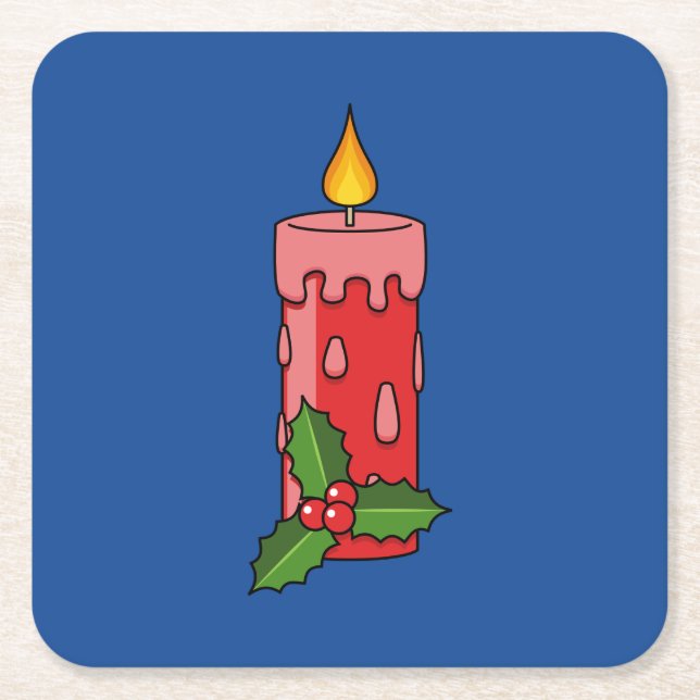 Christmas Red Pillar Candle with Holly Square Paper Coaster (Front)