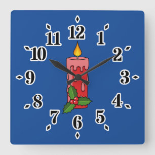 Christmas Red Pillar Candle with Holly Square Wall Clock