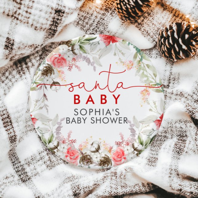 Christmas Red & Pink Flowers Baby Shower  Classic Round Sticker (Creator Uploaded)