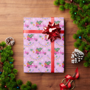 Christmas Red Pink Truck With Tree And Wishes Wrapping Paper