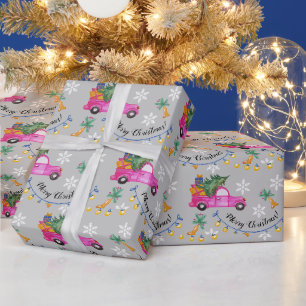 Christmas Red Pink Truck With Tree And Wishes Wrapping Paper