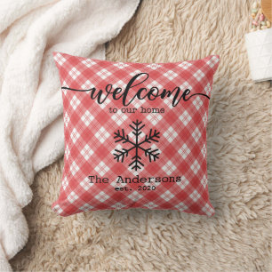 Christmas Red Plaid Custom Family Name Cushion