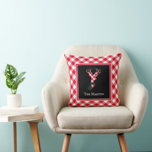 Christmas Red Plaid Deer Personalised Cushion