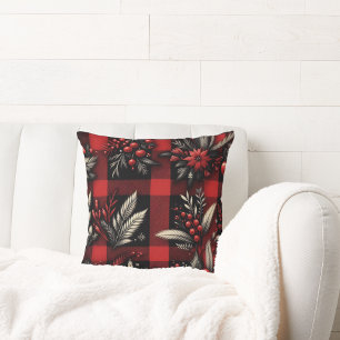 christmas red plaid elegant floral cushion