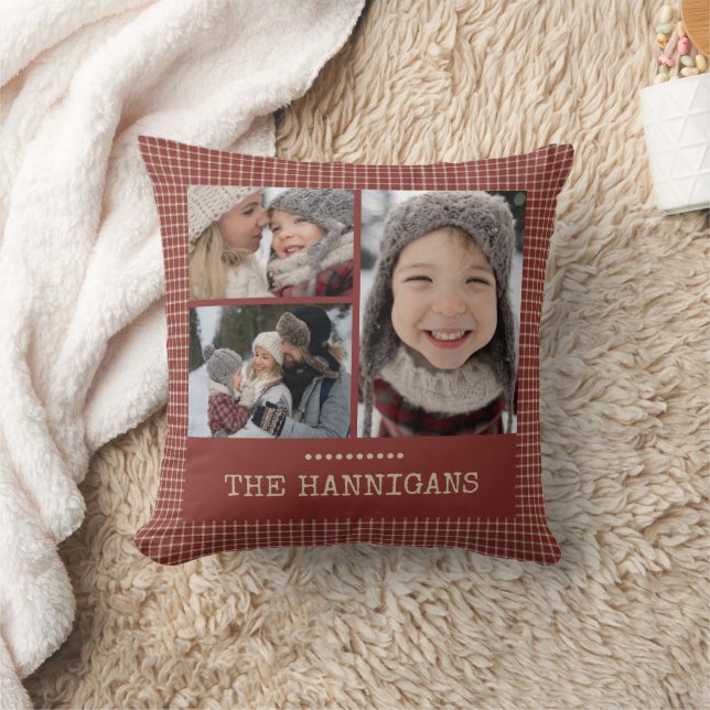 Christmas Red Plaid Family Photo Collage Cushion (Blanket)