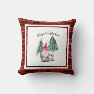 Christmas Red Plaid Gnome Lantern Light Shine Tree Cushion