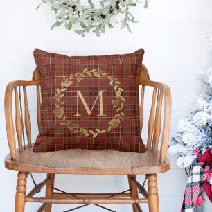 Christmas Red Plaid Gold Wreath Monogram Cushion