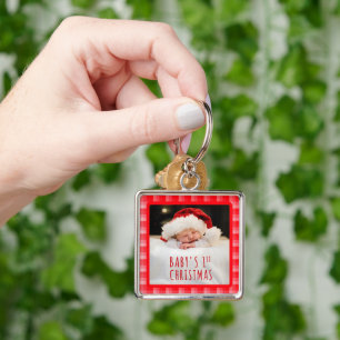 Christmas Red Plaid Holiday Diagonal Stripes Key Ring