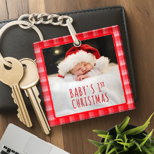 Christmas Red Plaid Holiday Diagonal Stripes Key Ring