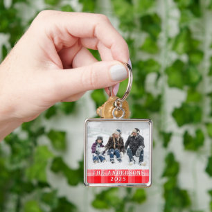 Christmas Red Plaid Holiday Diagonal Stripes Key Ring