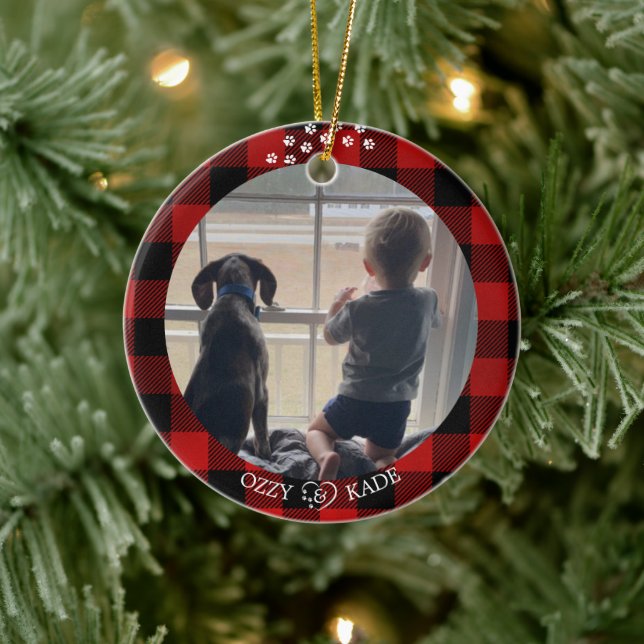 Christmas Red Plaid Personalised Child Pet Photo Ceramic Ornament (Tree)