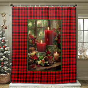 Christmas Red Plaid Red Candles Pine Cones Shower Curtain
