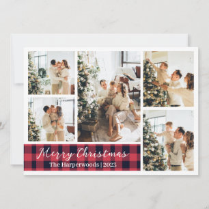 Christmas Red Plaid Reindeer Family Photo Collage Holiday Card