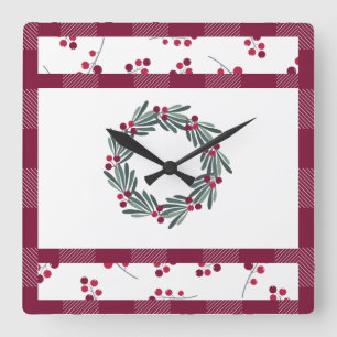 Christmas Red Plaid Wreath Festive Holiday Square Wall Clock