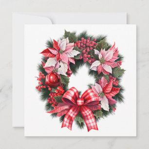 Christmas Red Poinsettia and Berries Wreath Pink Holiday Card