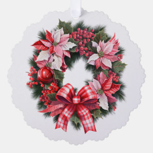 Christmas Red Poinsettia and Berries Wreath Pink  Tree Decoration Card